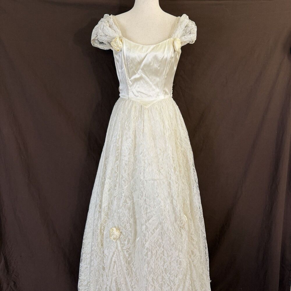 Vintage Gunne Sax Jessica McClintock Wedding Bridal Dress Rosette Lace XS/S